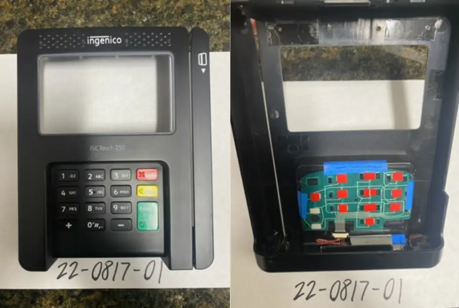 Side-by-side comparison of the front and back views of a card reader compromised with a credit card skimmer. 