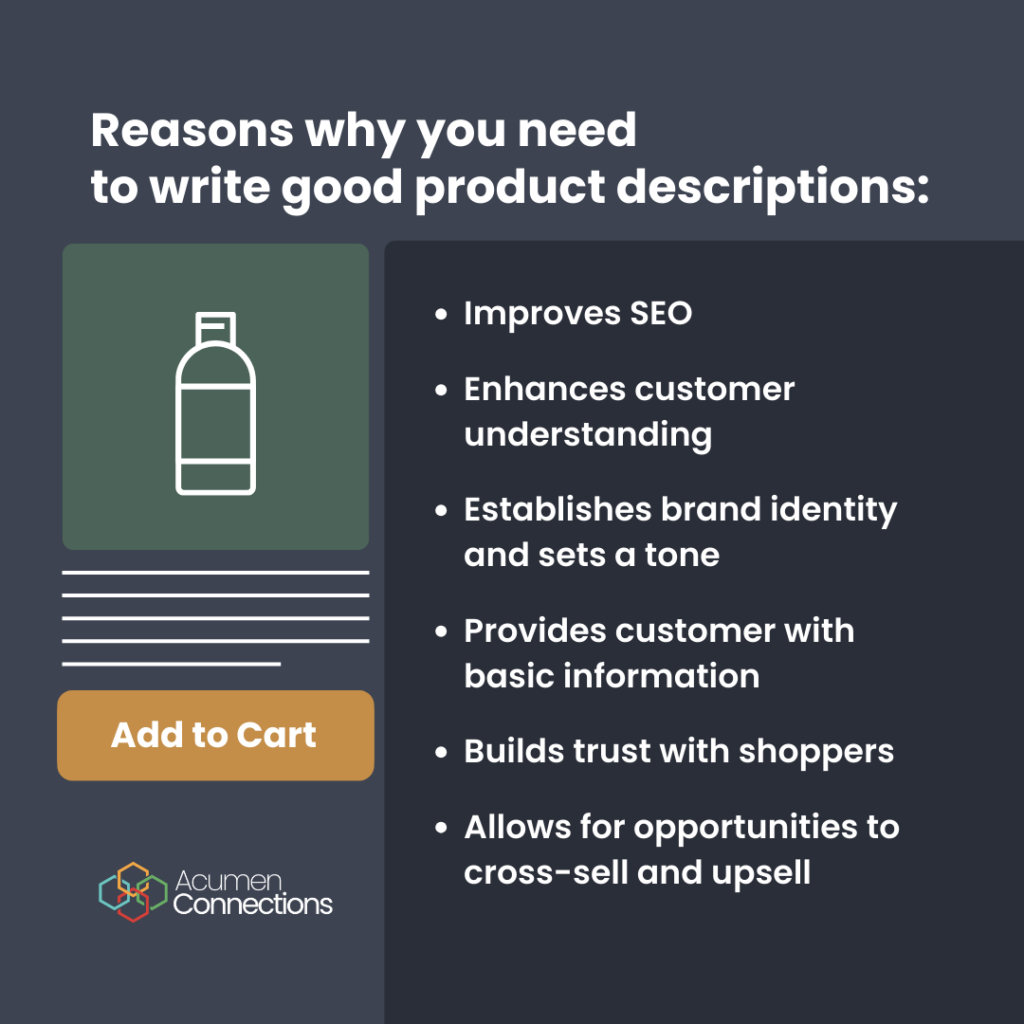 Graphic lists reasons why you need to write good product descriptions: Improves SEO, enhances customer understanding, established brand identity and sets a tone, provides customers with basic information, builds trust with shoppers, allows for opportunities to cross-sell and upsell. All text is white on a gray background. The Acumen Connections brand name and logo is featured on the bottom-left corner. On the left-hand-side of the graphic is a white caricature of a bottle with a few horizantal white lines just below, representing a product and product description. An orange button with white text says “add to cart” encouraging a shopper to buy the bottle.