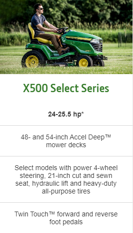 Screenshot from site shows product for sale with a product descritption. The product image shows man riding a green and yellow lawn mower. The product description details that the mower is of the X500 select series. It lists out these features: 24-25.5 hp*, 48- and 54-inch Accel Deep mower decks, select models with power 4-weel steering, 21-inch cut and sewn seat, hydraulic lift and heavy-duty all-purpose tires, twin touch forward and reverse foot pedals. It’s a good example of a product descritpion that lists out the product freatures.