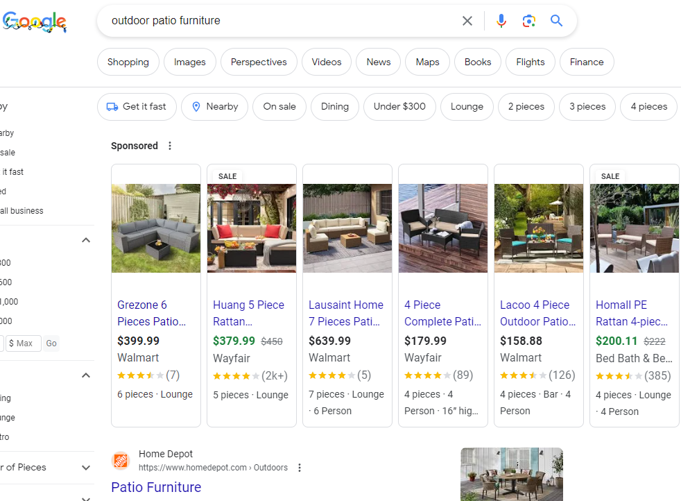 Google search shows outdoor patio furniture as the query typed into the search bar and patio furniture from walmart.com shows up as the first search result.